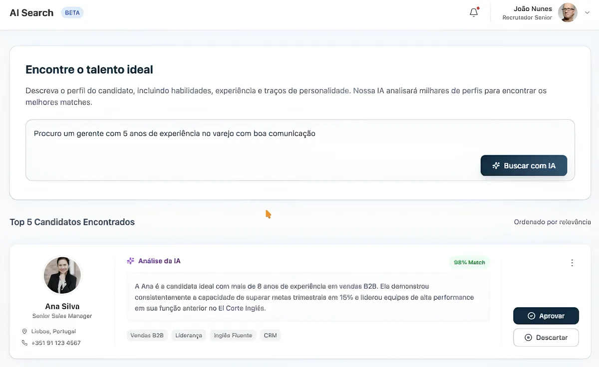 Tela de AI Search — busca de candidatos por linguagem natural, com ranking de match