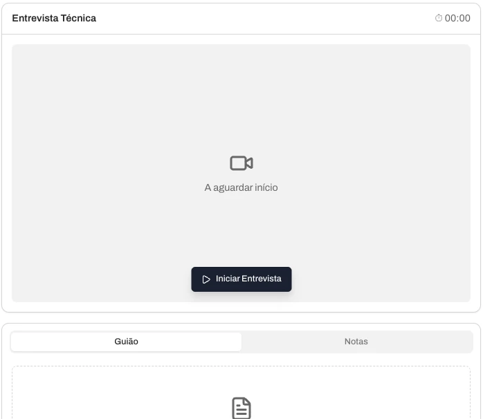 Sala de vídeo da Fluid para a entrevista técnica, com o botão Iniciar entrevista e, abaixo, as abas de roteiro e notas