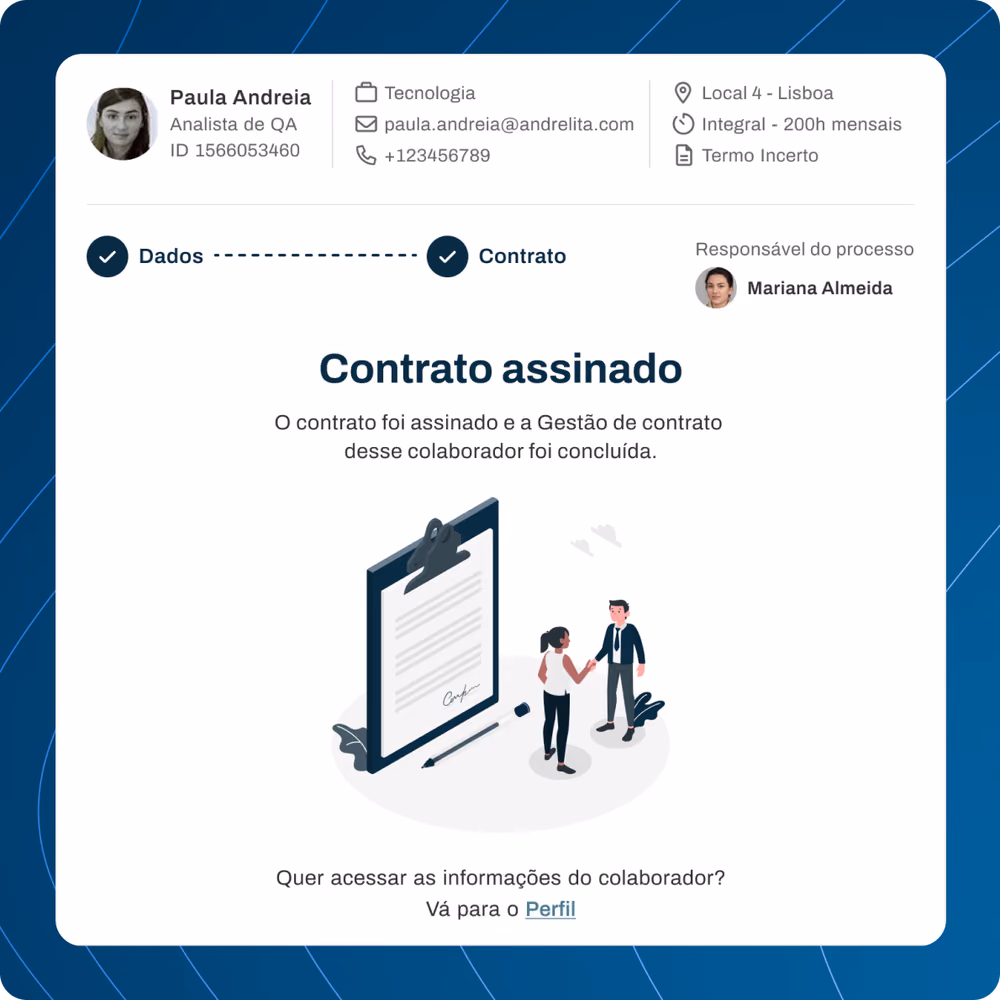 Tela de confirmação de contrato assinado digitalmente, com as etapas de dados e contrato concluídas