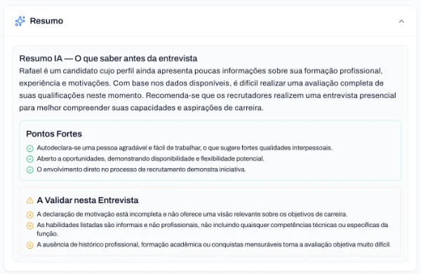 Resumo de IA com os pontos-chave do candidato antes da entrevista